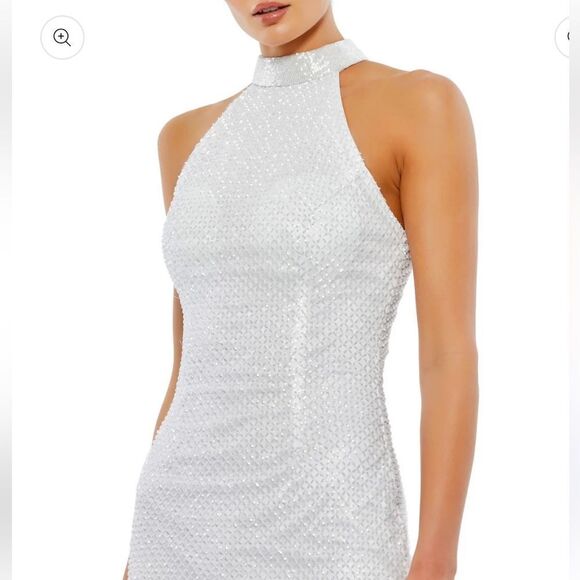 NWT Mac Duggal White Hand Embellished Halter Neck Midi Sheath Dress beaded Sz 8 - Picture 2 of 12